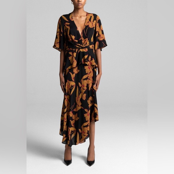 [SOLD] A.L.C Avi Dress Black Ochre Iris Print 100% Silk 1930's Revival Wrap - Picture 8 of 16